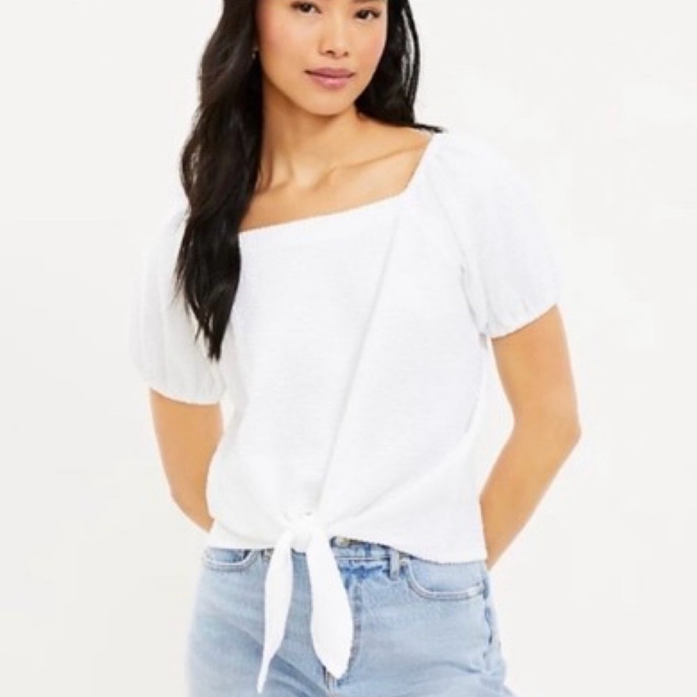 Loft Seersucker Tie Waist Puff Sleeve White Top